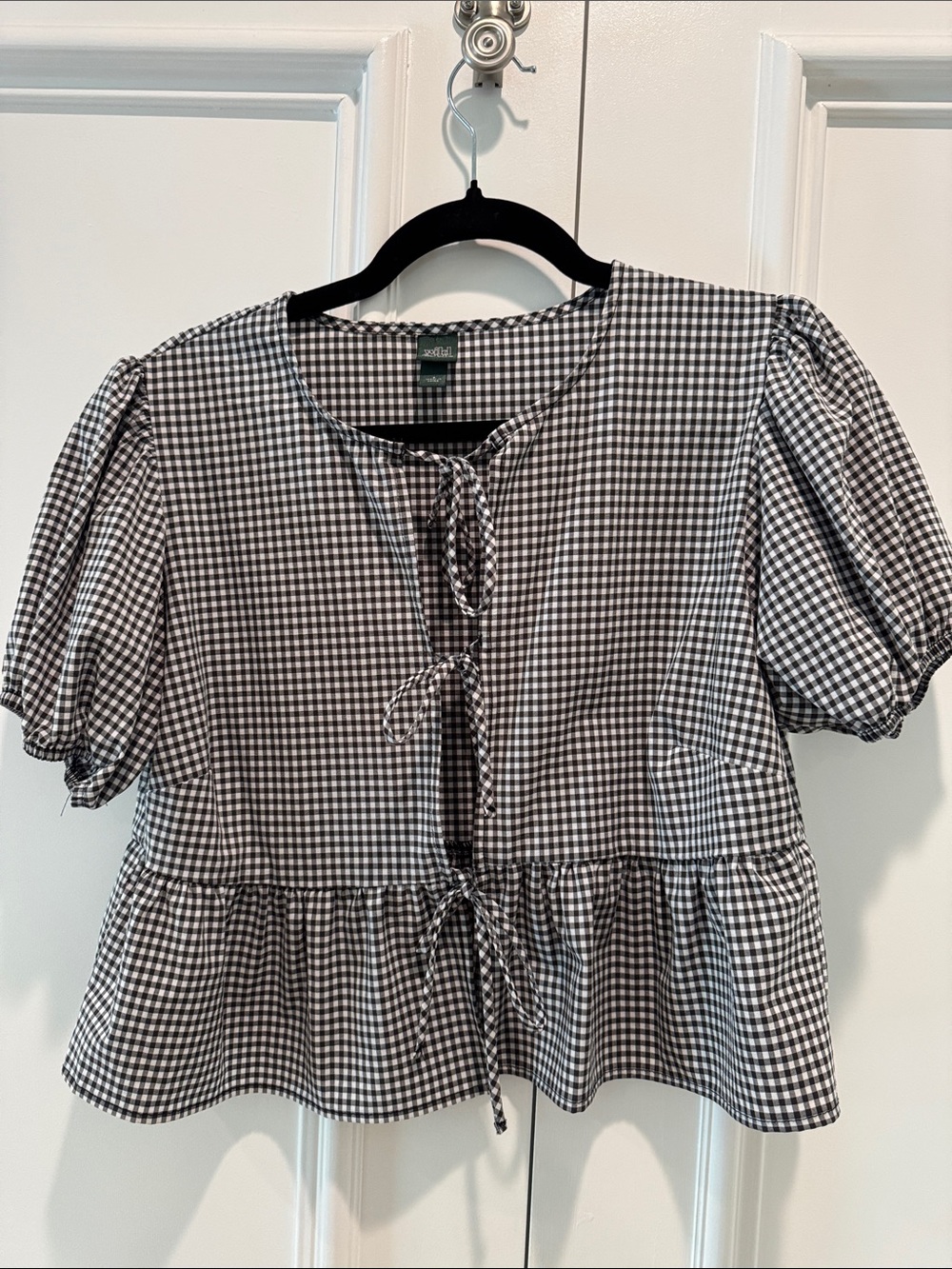 Black & White Gingham Tie-Front Peplum Blouse